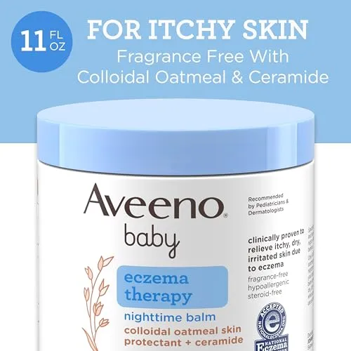 Aveeno Baby Eczema Therapy Nighttime Moisturizing Body Balm, Nourishing Skin Protectant Soothes & Relieves Dry, Itchy Skin from Eczema, Hypoallergenic, Fragrance- & Steroid-Free, 11 oz