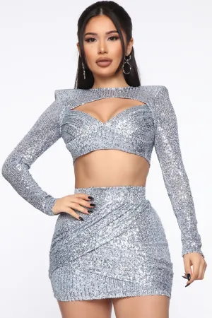 Baby Don't Leave Sequin Skirt Set - Denim