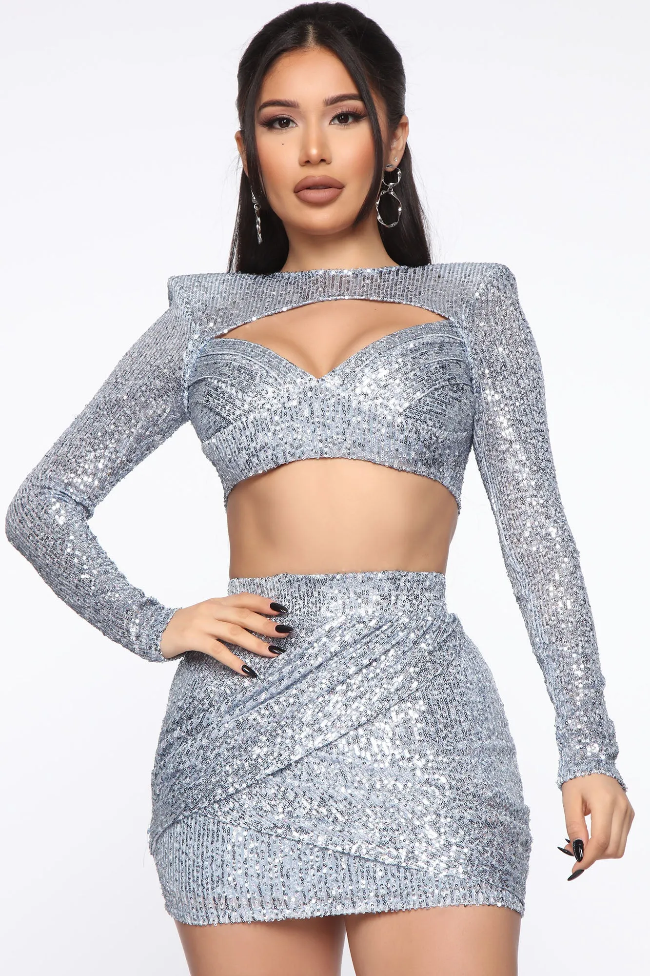 Baby Don't Leave Sequin Skirt Set - Denim