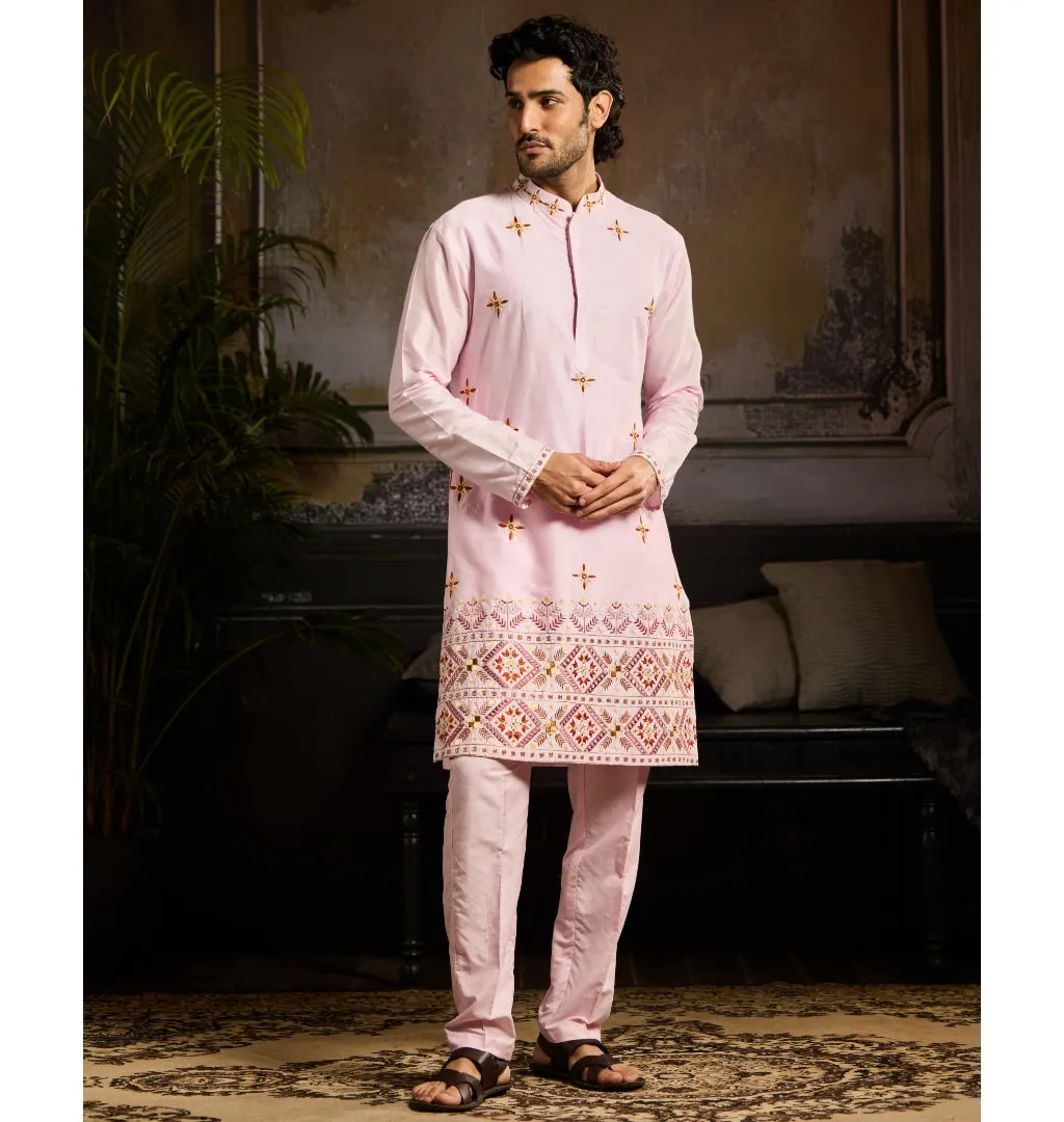 Blush Pink Cutdana & Thread Mix Trible Embroidered Kurta Paired With Blush Pink Pants