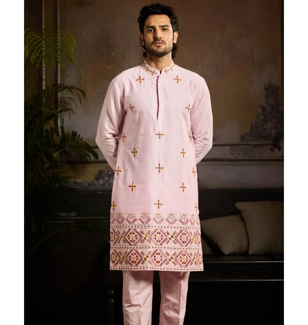 Blush Pink Cutdana & Thread Mix Trible Embroidered Kurta Paired With Blush Pink Pants
