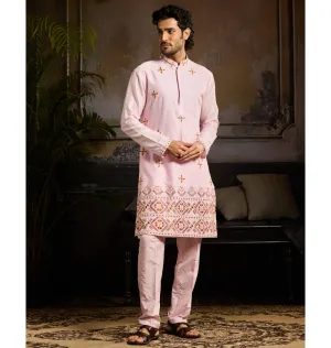 Blush Pink Cutdana & Thread Mix Trible Embroidered Kurta Paired With Blush Pink Pants
