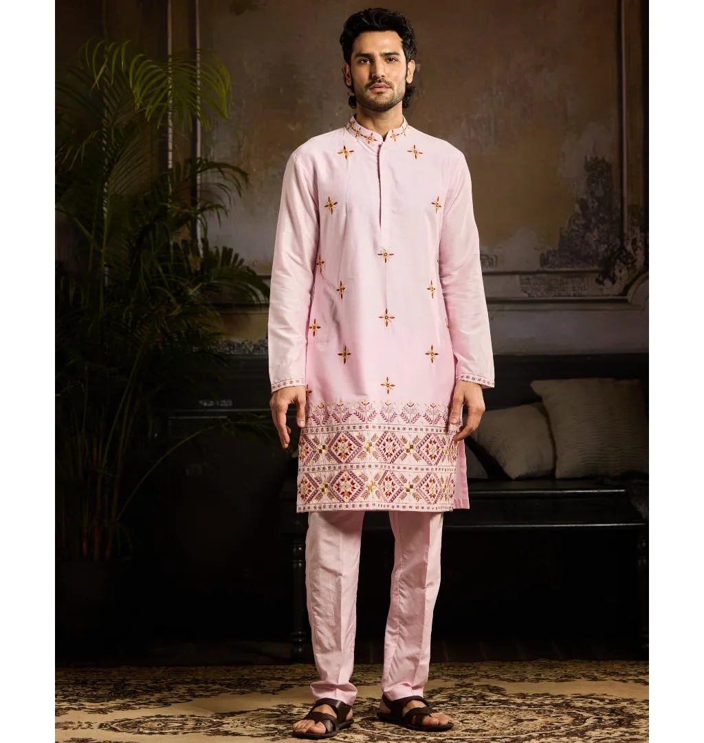 Blush Pink Cutdana & Thread Mix Trible Embroidered Kurta Paired With Blush Pink Pants