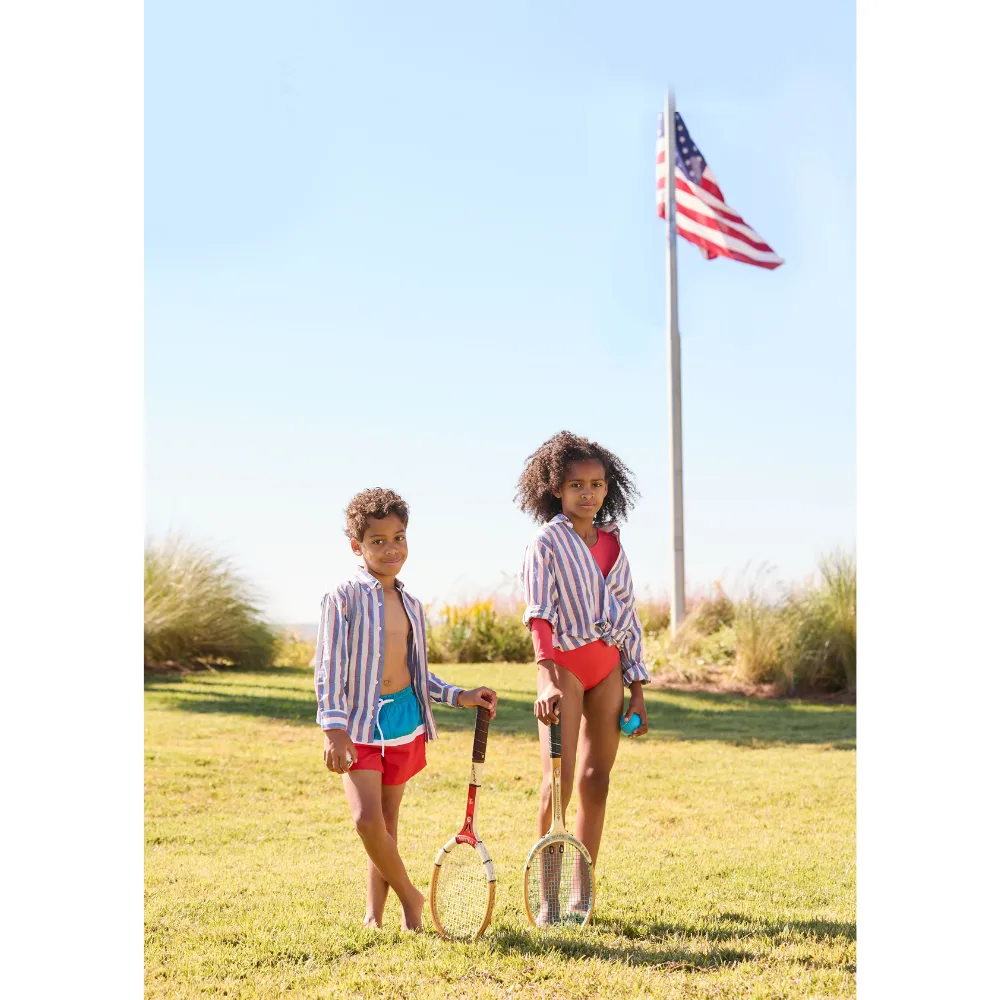 Long Sleeve Bathing Suit -- Red w/ Pier Blue