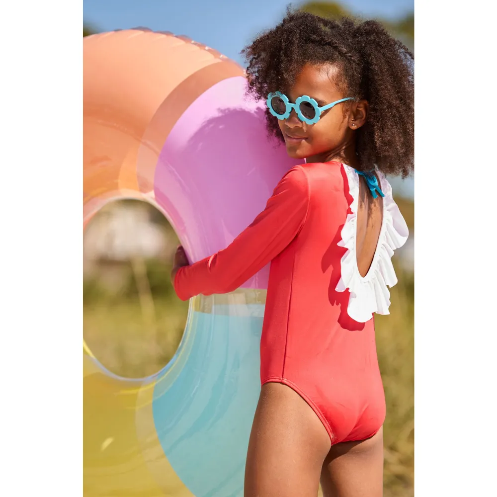 Long Sleeve Bathing Suit -- Red w/ Pier Blue
