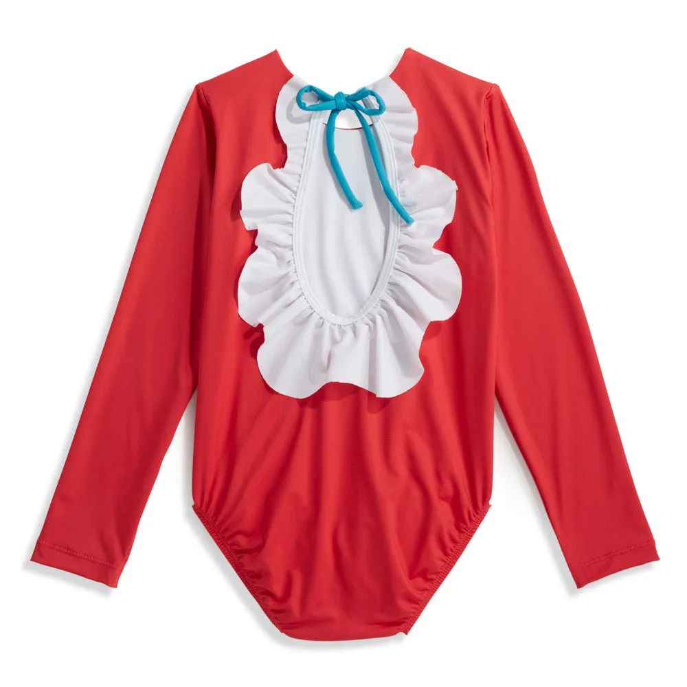 Long Sleeve Bathing Suit -- Red w/ Pier Blue