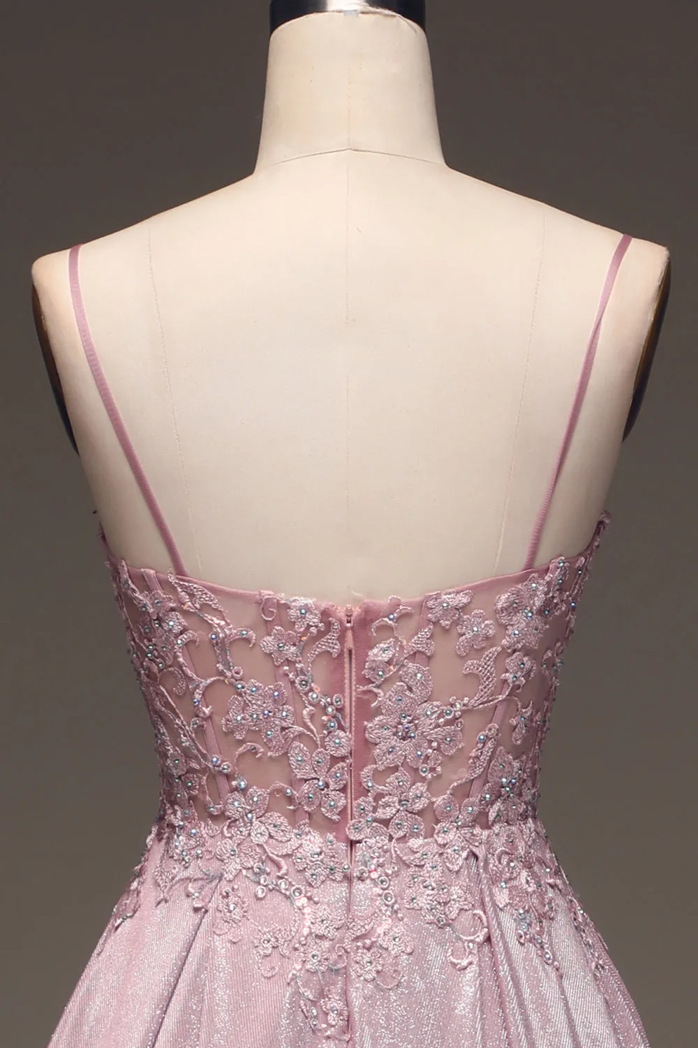 Luolandi Sparkly Blush A Line Beaded Applique Long Prom Dress With Pocket Sexy