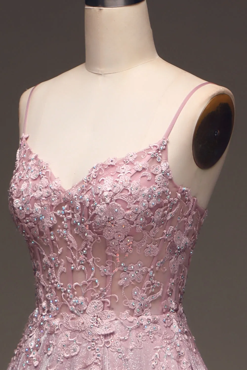 Luolandi Sparkly Blush A Line Beaded Applique Long Prom Dress With Pocket Sexy