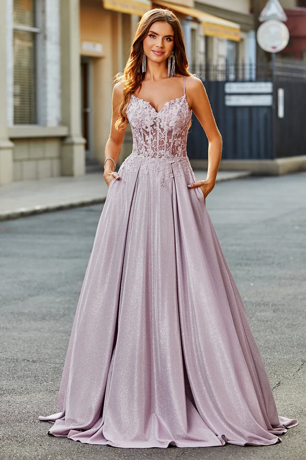 Luolandi Sparkly Blush A Line Beaded Applique Long Prom Dress With Pocket Sexy