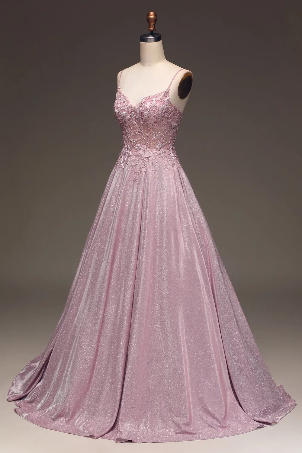 Luolandi Sparkly Blush A Line Beaded Applique Long Prom Dress With Pocket Sexy