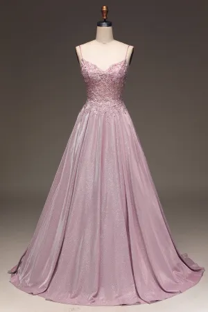 Luolandi Sparkly Blush A Line Beaded Applique Long Prom Dress With Pocket Sexy