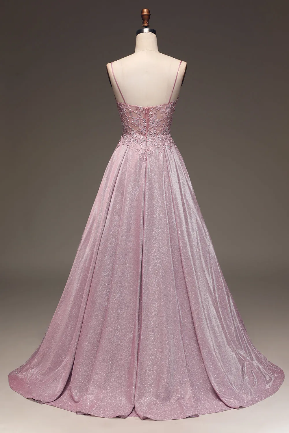 Luolandi Sparkly Blush A Line Beaded Applique Long Prom Dress With Pocket Sexy