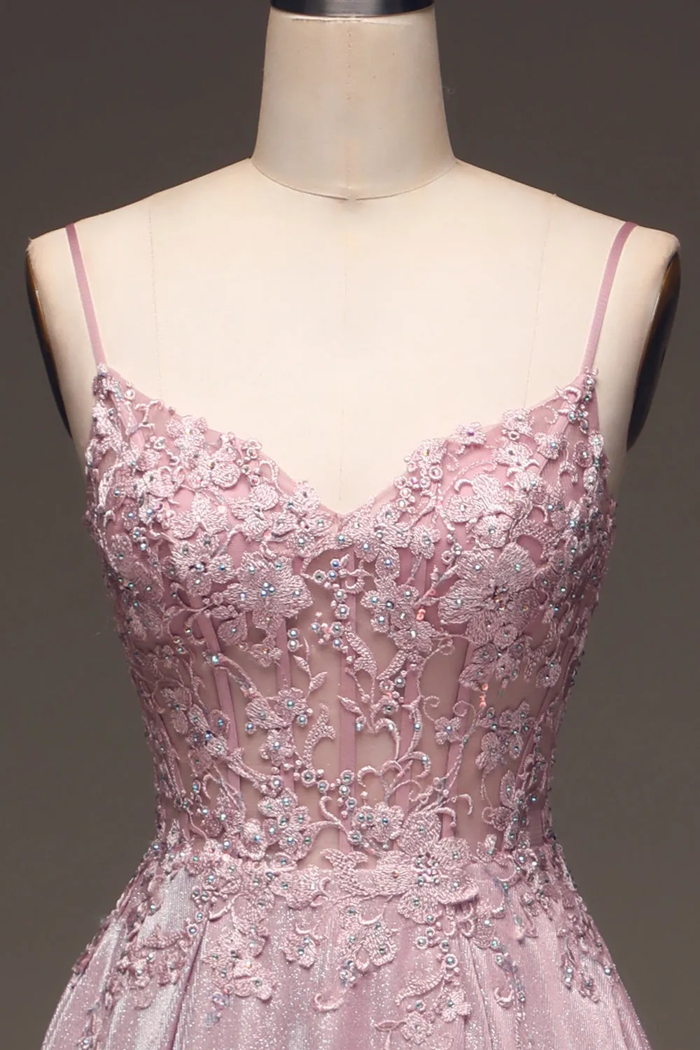 Luolandi Sparkly Blush A Line Beaded Applique Long Prom Dress With Pocket Sexy
