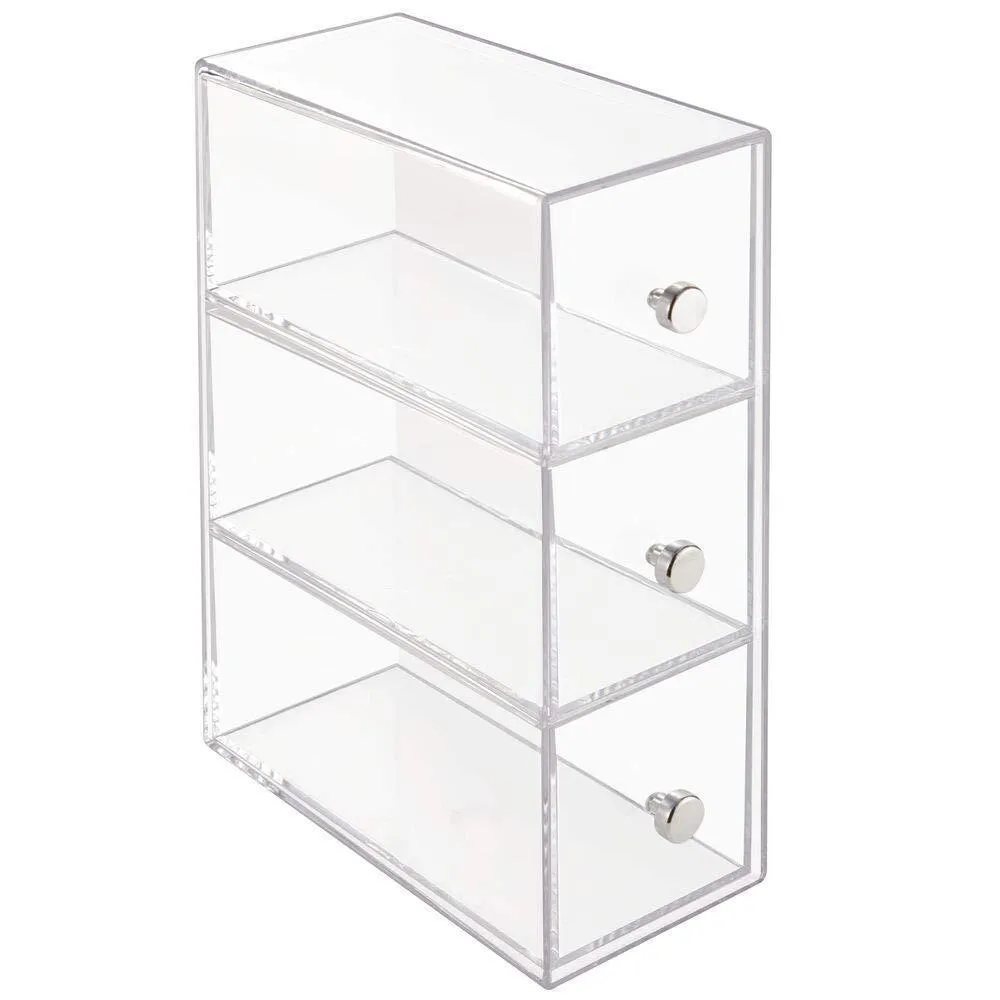 mDesign Plastic Kitchen Pantry, Cabinet, Countertop Organizer Storage Station with 3 Drawers for Coffee, Tea, Sugar Packets, Sweeteners, Creamers, Drink Pods, Packets - 4 Pack - Clear