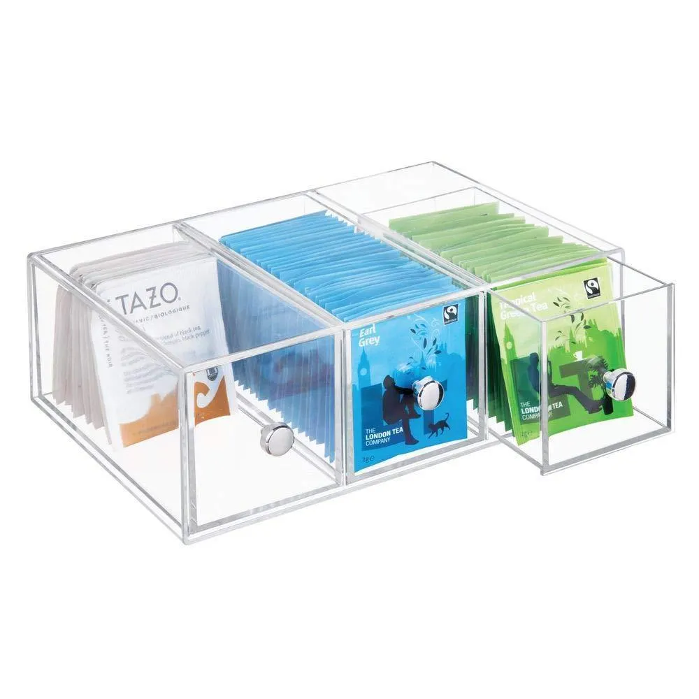 mDesign Plastic Kitchen Pantry, Cabinet, Countertop Organizer Storage Station with 3 Drawers for Coffee, Tea, Sugar Packets, Sweeteners, Creamers, Drink Pods, Packets - 4 Pack - Clear