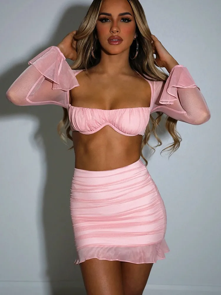 Mesh Sexy Dress Set Strapless Full Sleeve Crop Top And Mini Skirt Matching Set