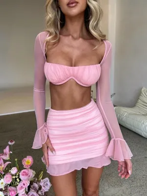 Mesh Sexy Dress Set Strapless Full Sleeve Crop Top And Mini Skirt Matching Set