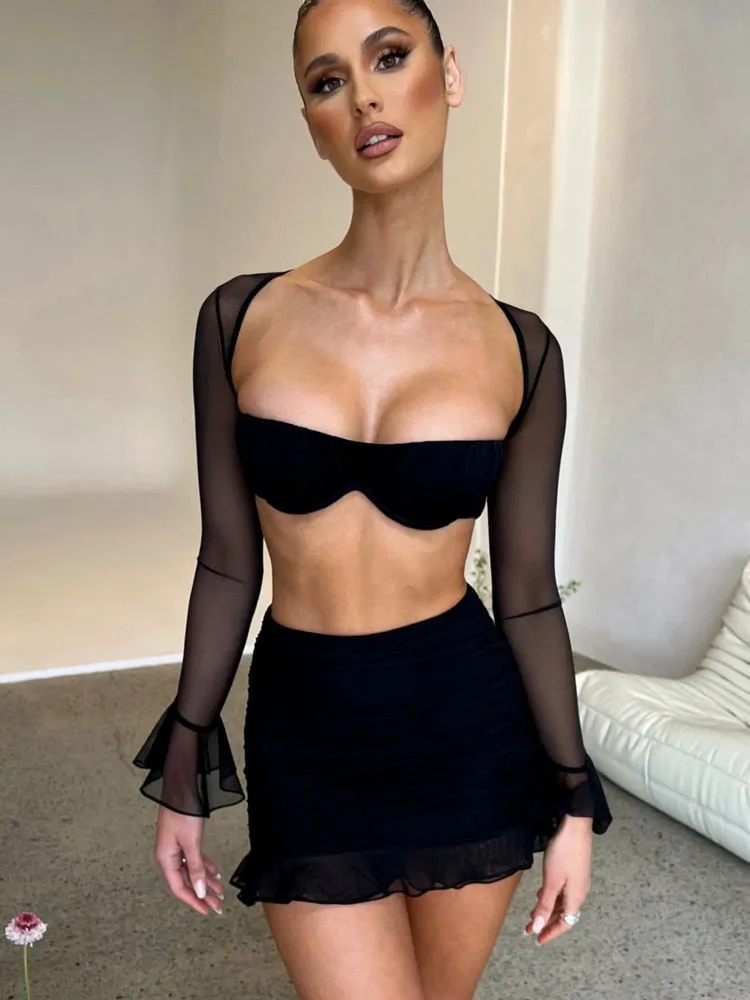 Mesh Sexy Dress Set Strapless Full Sleeve Crop Top And Mini Skirt Matching Set