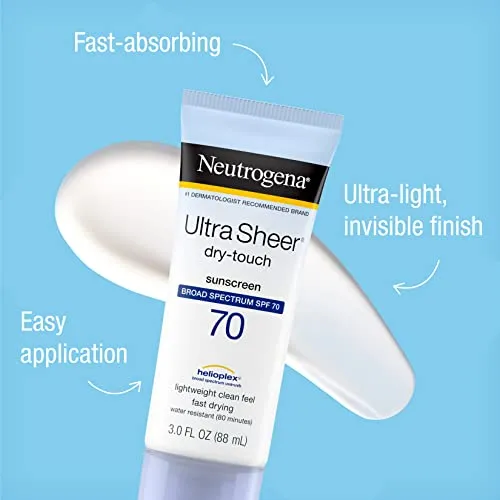 Neutrogena Ultra Sheer Dry-Touch Sunscreen Lotion, Broad Spectrum SPF 70 UVA/UVB Protection, Lightweight Water Resistant, Non-Comedogenic & Non-Greasy, Travel Size, 3 fl. oz