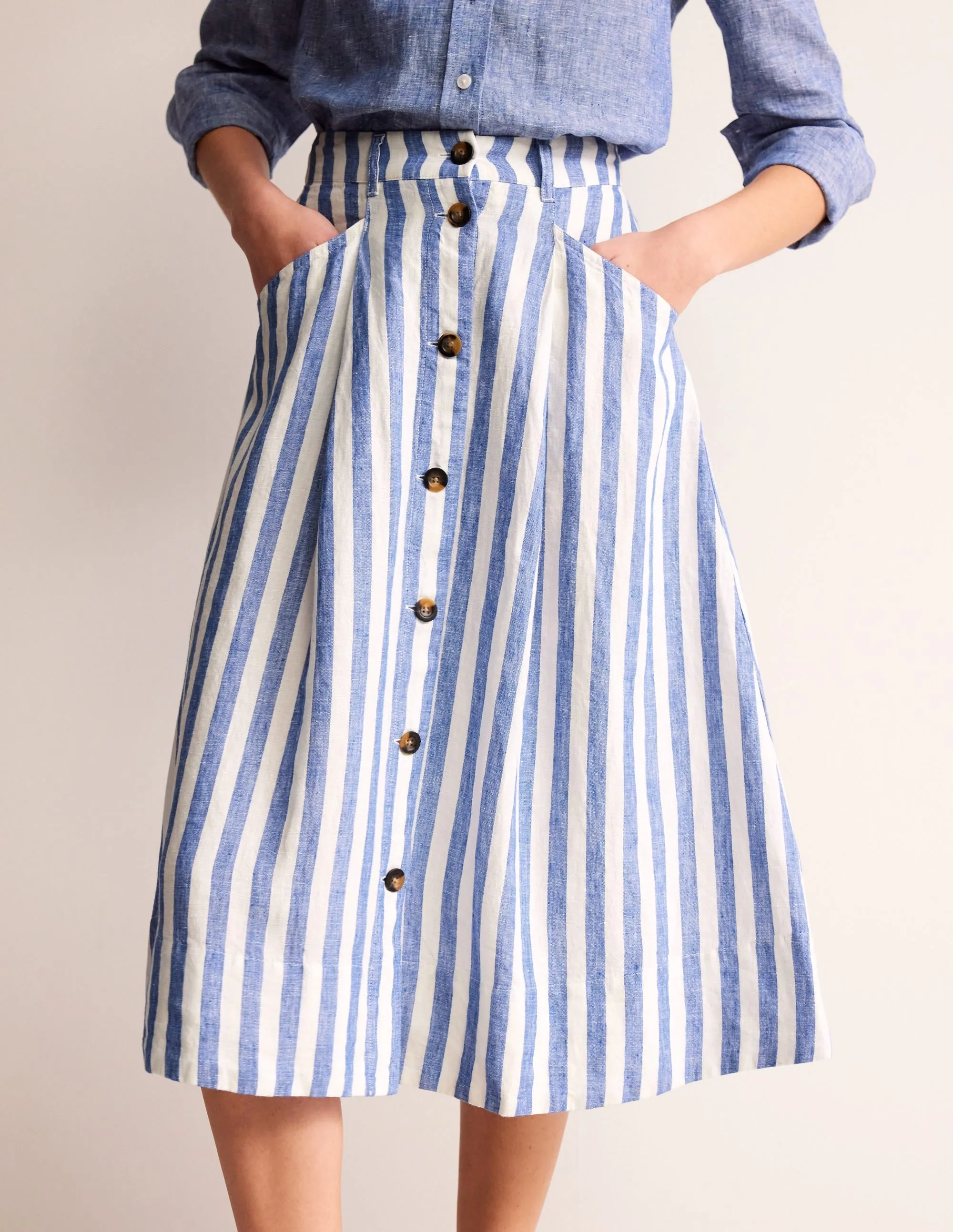 Petra Linen Midi Skirt-Cobalt Woven Stripe