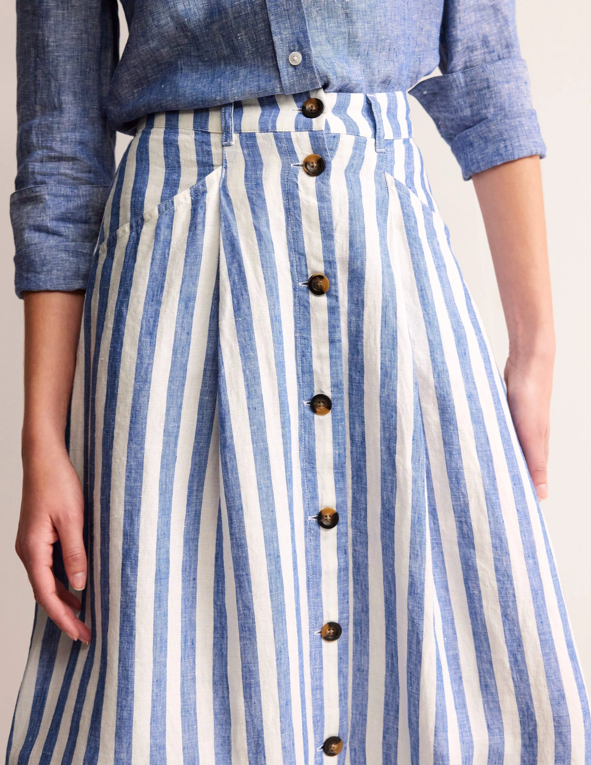 Petra Linen Midi Skirt-Cobalt Woven Stripe