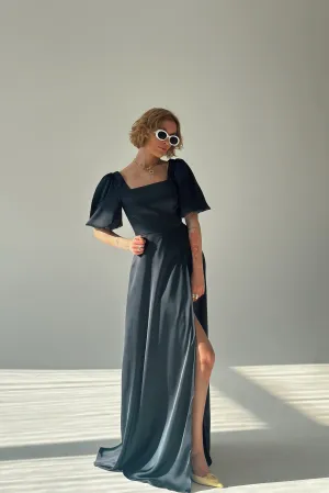Square Neck Puffy Sleeve High Split Bridesmaid Maxi Dress