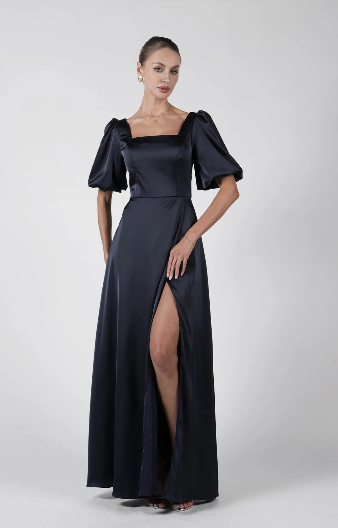 Square Neck Puffy Sleeve High Split Bridesmaid Maxi Dress