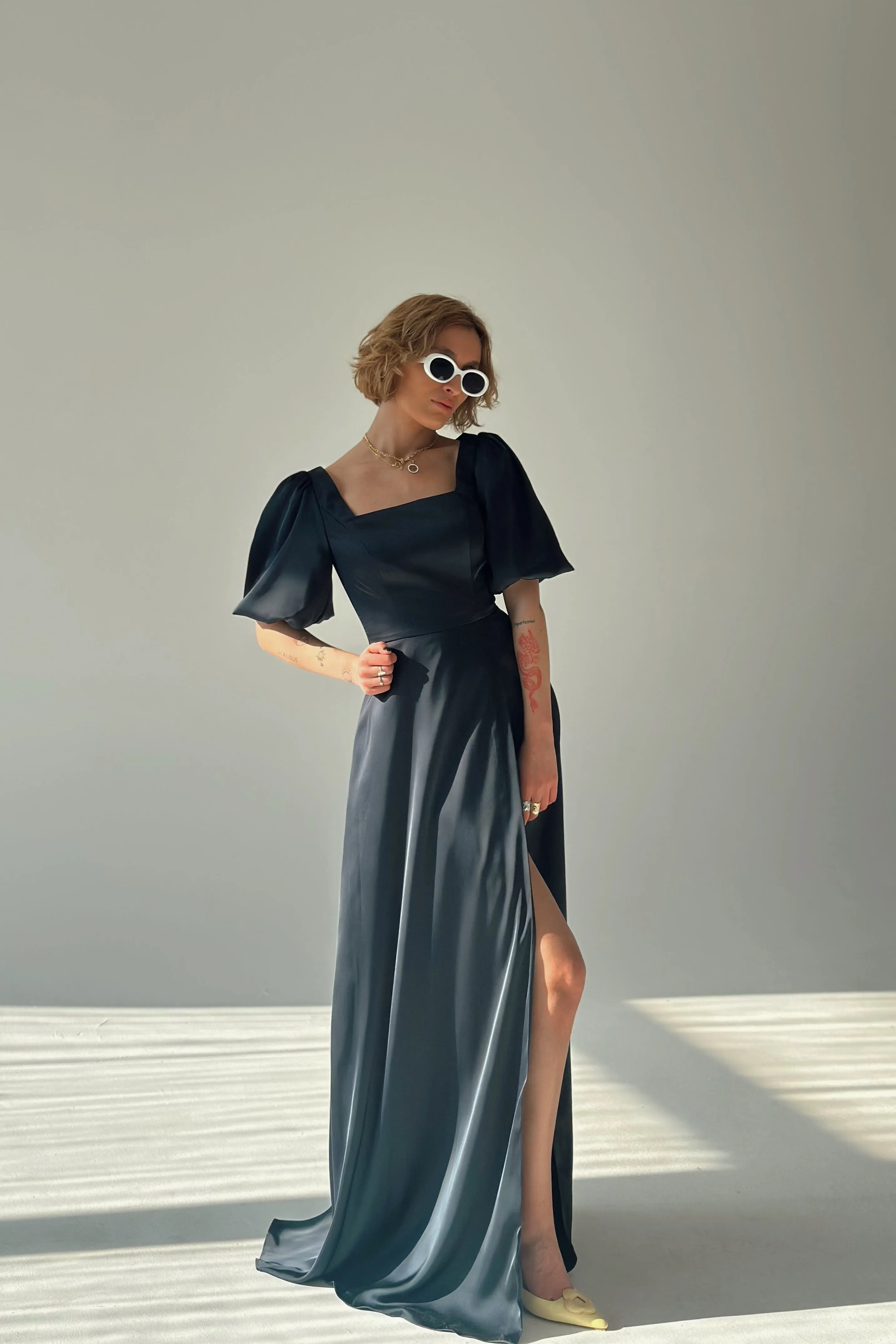 Square Neck Puffy Sleeve High Split Bridesmaid Maxi Dress