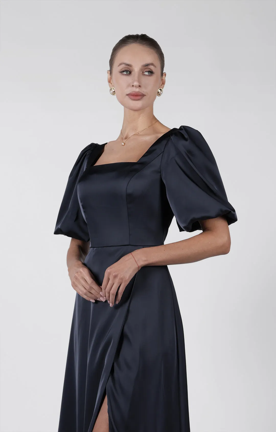Square Neck Puffy Sleeve High Split Bridesmaid Maxi Dress
