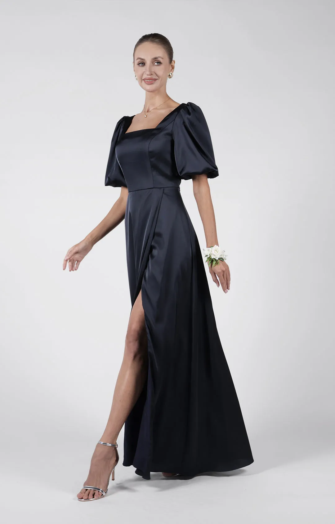 Square Neck Puffy Sleeve High Split Bridesmaid Maxi Dress